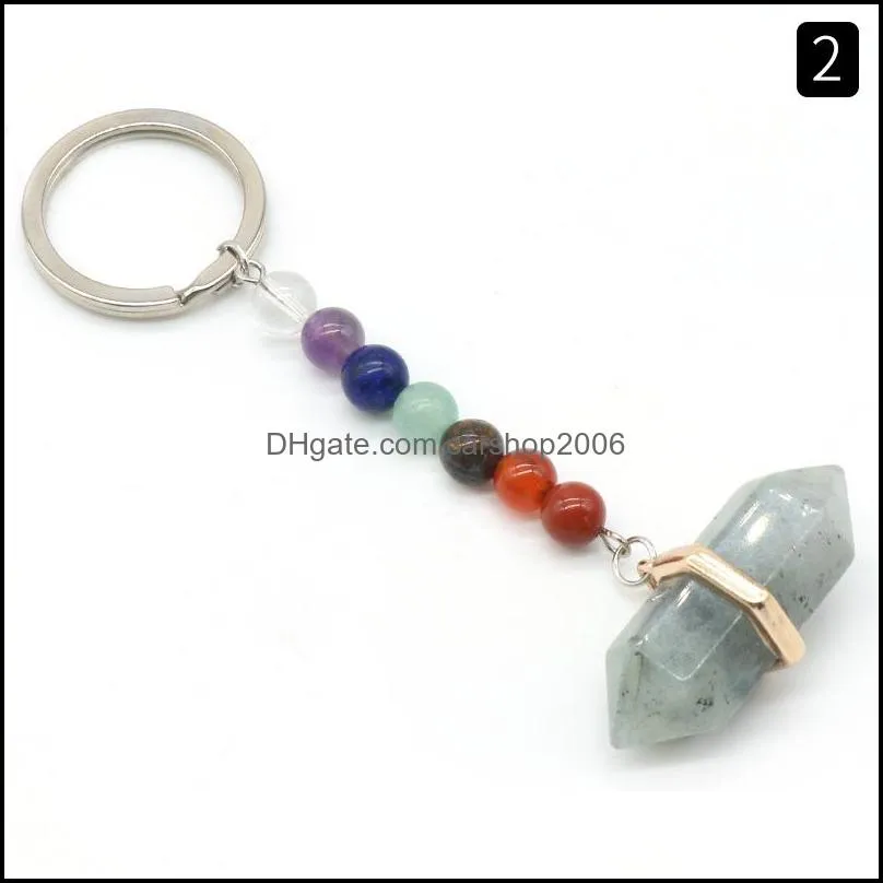 healing reiki 7 chakra carved hexagon prism natural stone key rings pendant keychain crystal chakras quartz chains jewelry accessories