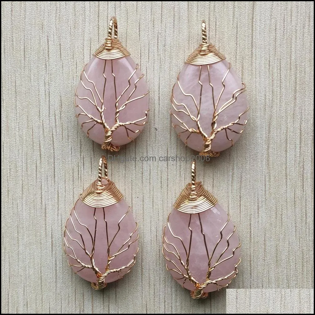 gold color pink rose quartz wire wrap handmade tree of life charms natural stone pendants diy necklace jewelry making