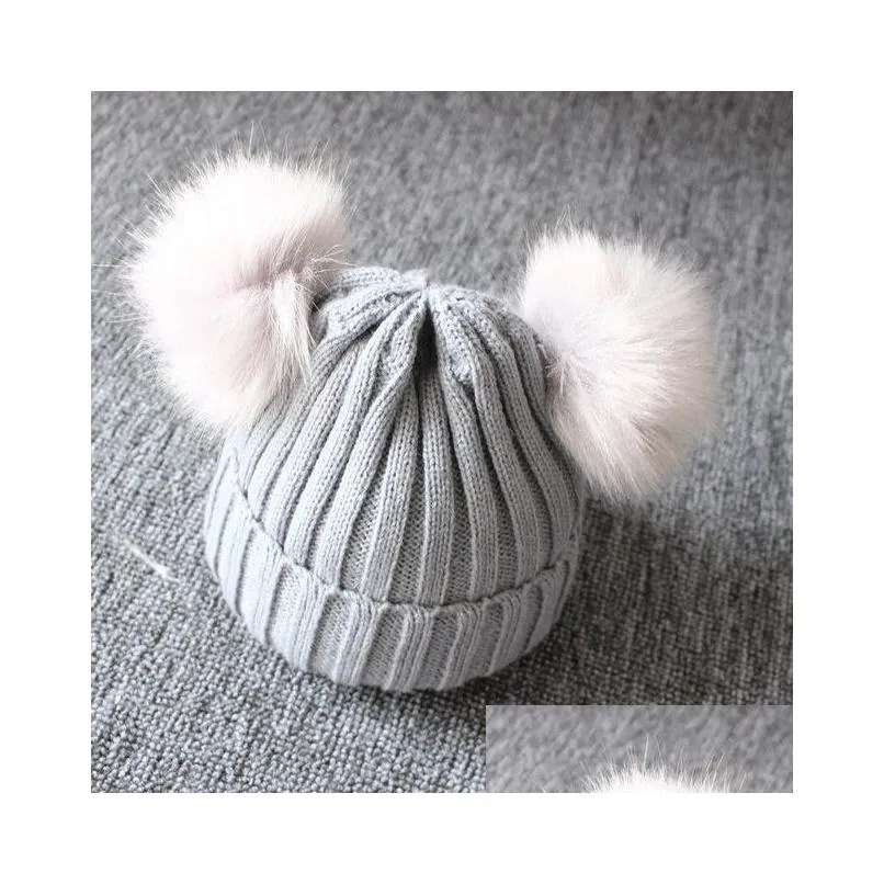 5pcs brand new newborn baby kids girls boys winter warm knit hat furry balls pompom solid warm cute lovely beanie cap gifts