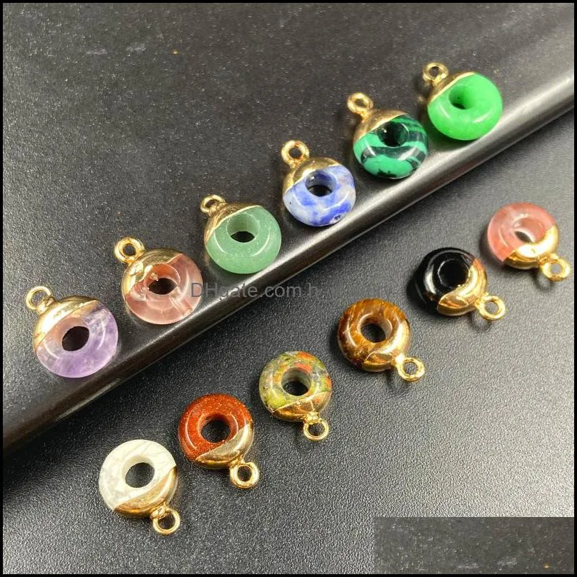 gilding round shape natural stone charms agate crystal turquoises jades opal stones pendant for jewelry making earrings hjewelry