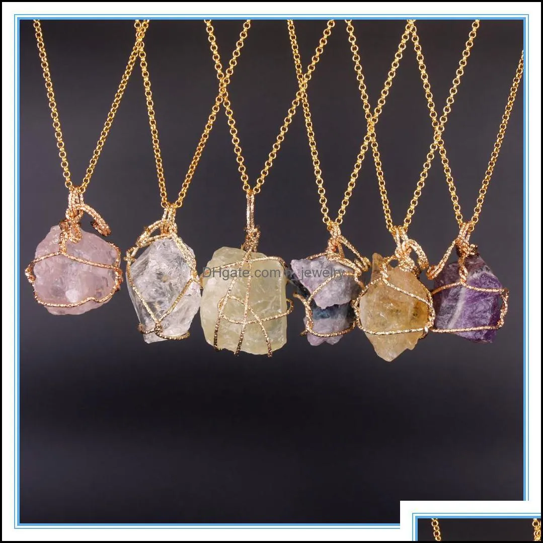 irregular natural stone necklaces gold chain wire wrapped punk necklace women jewelry rose quartz healing crystals pendant hjewelry