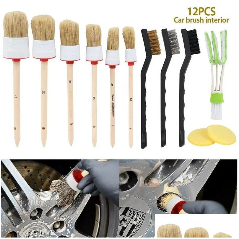 care products 5/9/11/12pcs car detailing brush kit natural boar hair auto tire wheel hub rim interior air vents grille cleaning tools