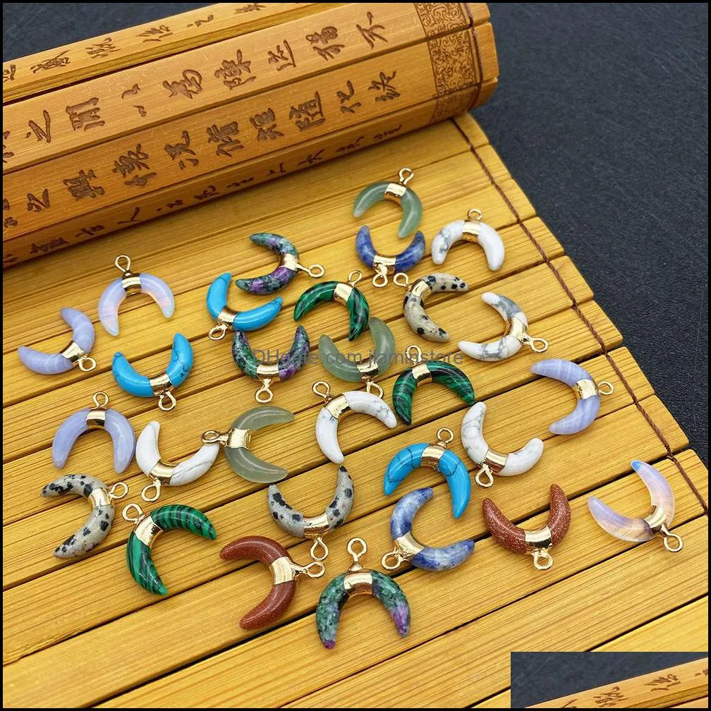 16x16mm natural crystal stone charms moon green rose quartz pendants gold edge trendy for necklace earrings jewelry makin jiaminstore