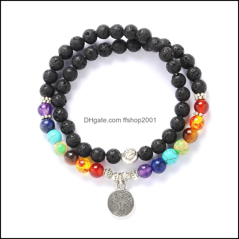 6mm seven chakra tree buddha lotus black lava stone beads bracelet women men bangle beaded wrap hand strings