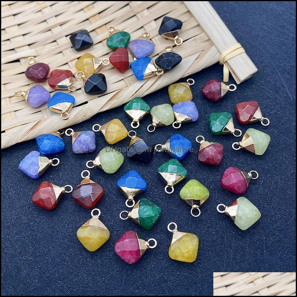 12x15mm natural crystal stone charms decorate little rhombus green yellow jade pendants gold edge trendy for necklace jiaminstore
