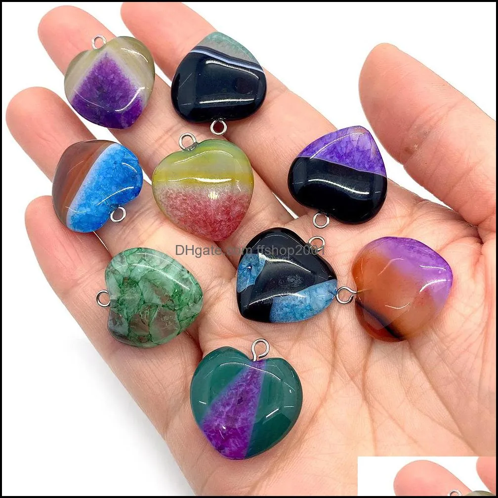 20mm rainbow stripped agate stone love heart charms pendants trendy for jewelry making ffshop2001