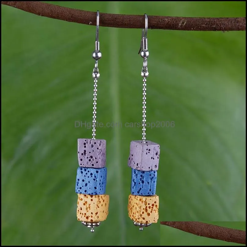 bohemia long lava stone beads charms earrings diy essential oil diffuser jewelry women volcanic cubic earring