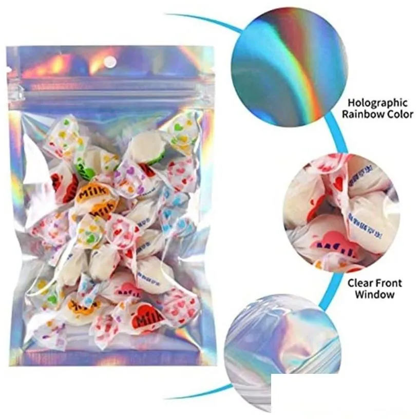 packing bags 100pcs lot resealable plastic retail packaging holographic aluminum foil pouch smell proof bag for food storage drop de