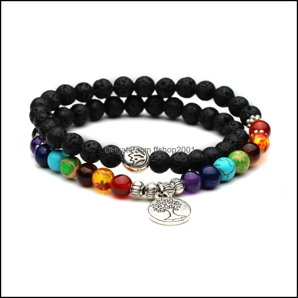 6mm seven chakra tree buddha lotus black lava stone beads bracelet women men bangle beaded wrap hand strings