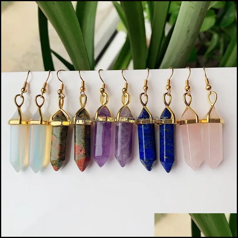 designer hexagon stone pendulum charms earrings rose quartz turquoise lapis lazuli gold plated healing crystal dangle brand jewelry for