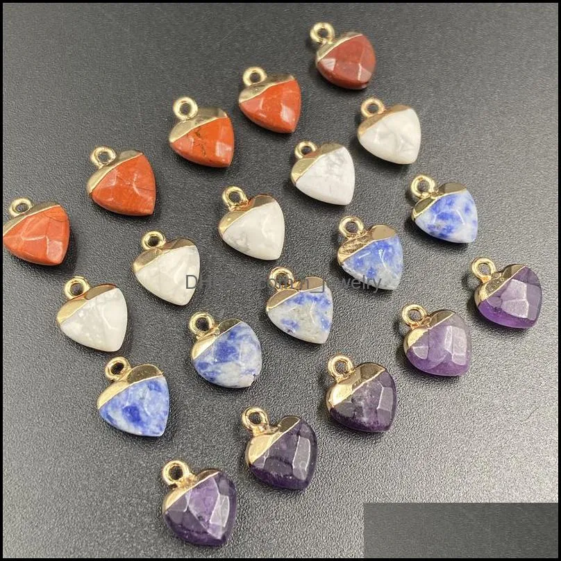 gold plating heart shape natural stone charms agate crystal turquoises jades opal stones pendant for jewelry making earrings hjewelry