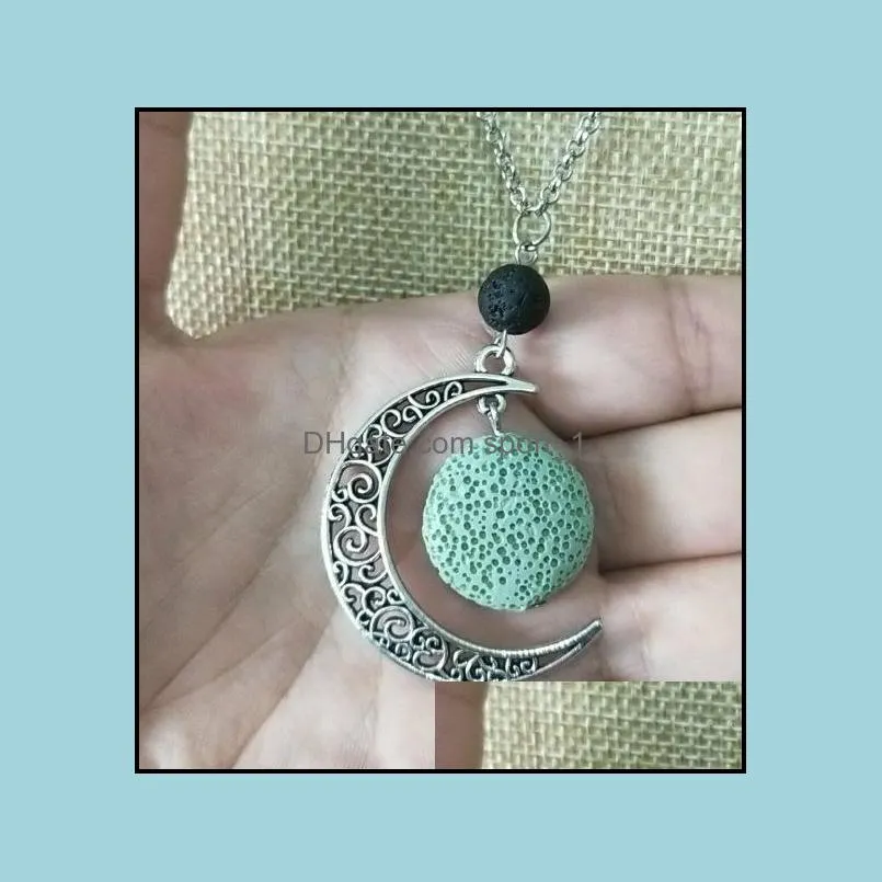 fashion silver color round lava stone moon necklace volcanic rock aromatherapy  oil diffuser necklace for women jewelry