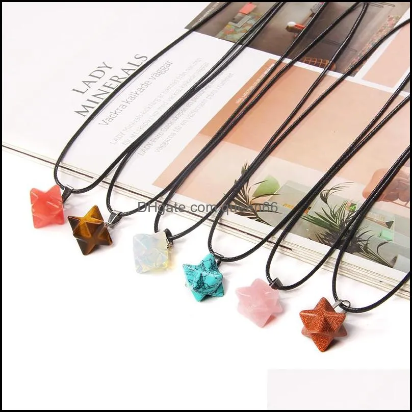 reiki natural stone hexagram pendant quartz crystal turquoises tiger eye opal aventurine donuts pendant leather chains necklace for women