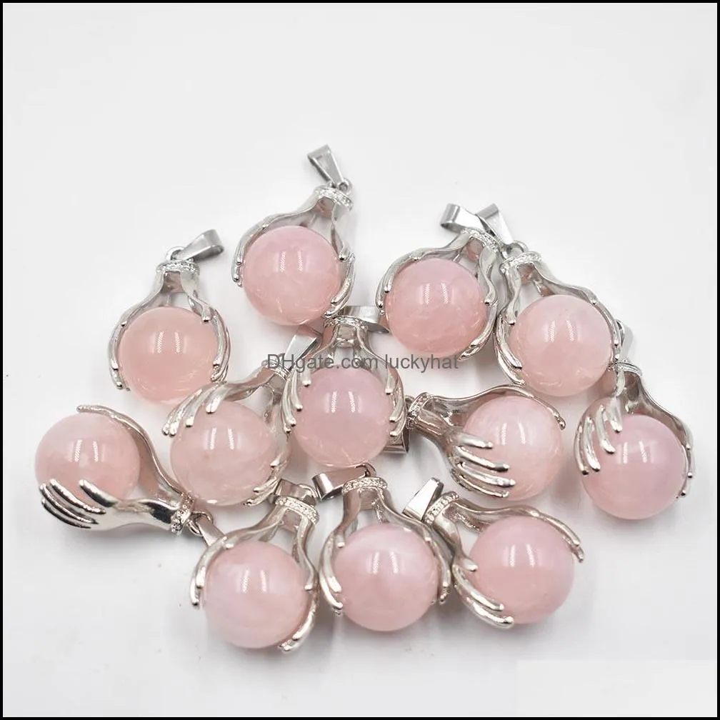 natural rose quartz crystal charms pendant hand hold round ball bead necklaces pendants yoga reiki chakra healing women men luckyhat