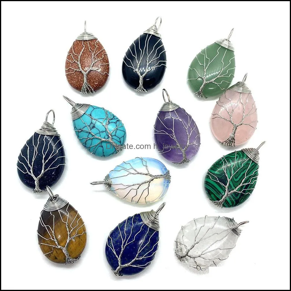 tree wire wrap natural crystal stones charms waterdrop tiger eye black onyx rose quartz stone charm beads pendants for jewelr hjewelry