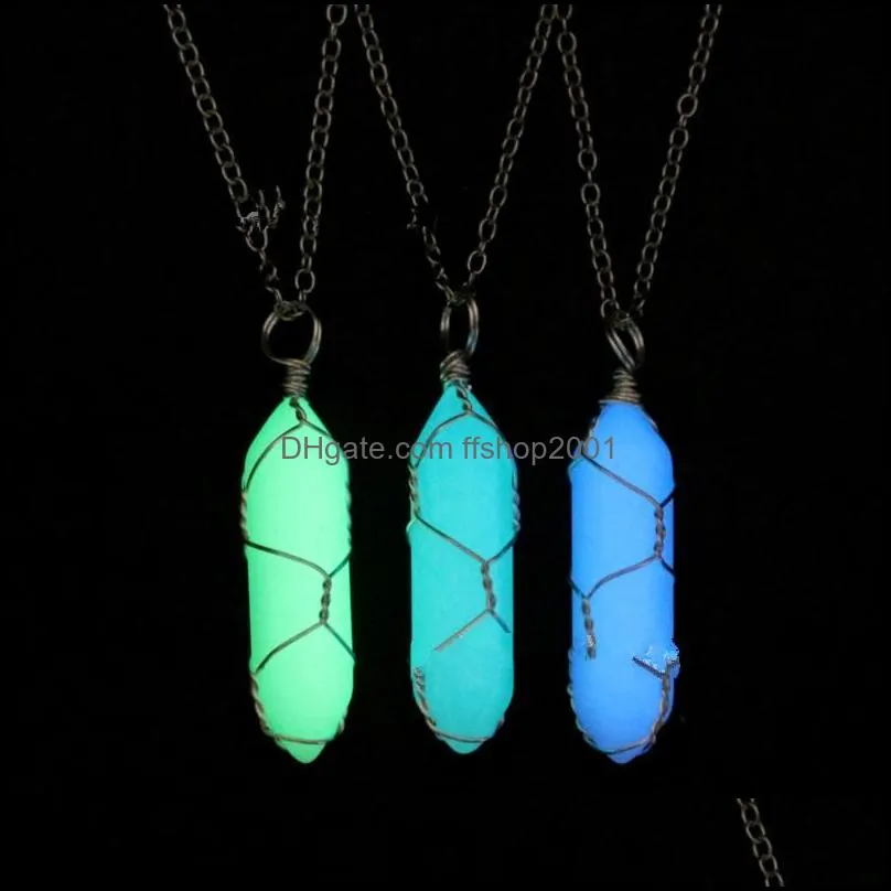 copper wire wrapped hexagon pendulum luminous stone fluorescent pendant healing crystal necklaces jewelry fashion gold silver plated