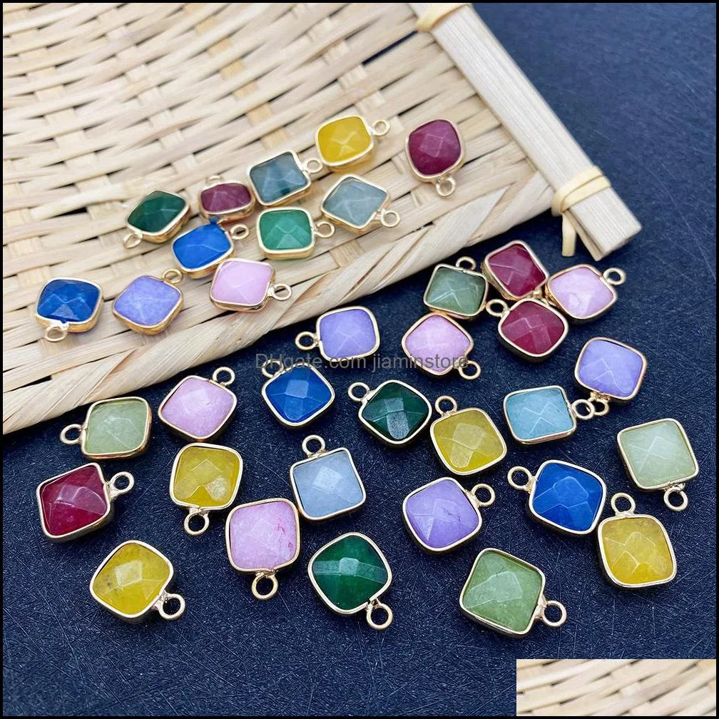 11x15mm gold bunding edge square natural crystal jade stone charms green blue quartz pendants trendy for jewelry making jiaminstore