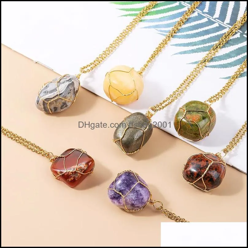 irregular round natural stone pendant necklace amethyst lapis rose quartz crystal gold wrap wire necklaces healing for women men