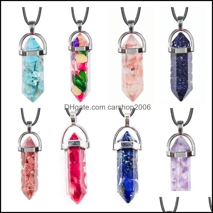 seven chakras healing crystal reiki gravel stone pendant pendulum hexagon prism pillar pendants necklace jewelry making acc