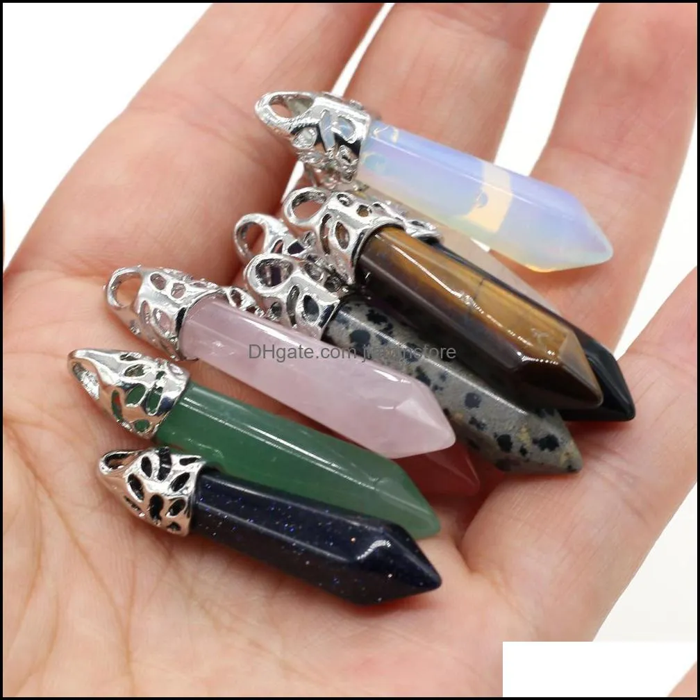 natural stone charms hexagon prism cone pendulum pendant rose quartz healing reiki crystal finding for diy necklaces women jiaminstore