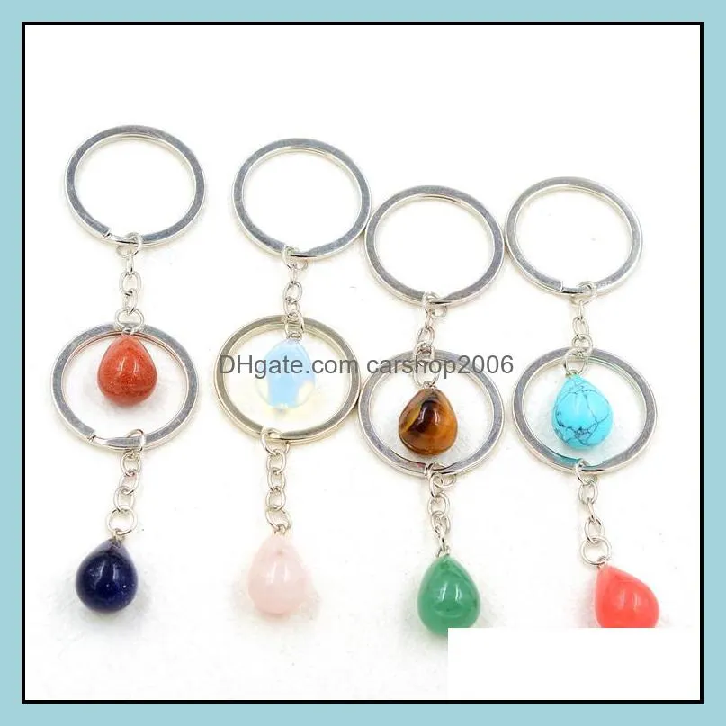 fashion waterdrop natural stone pendant keychain natural quartz stone key rings pink crystal key chains accessories