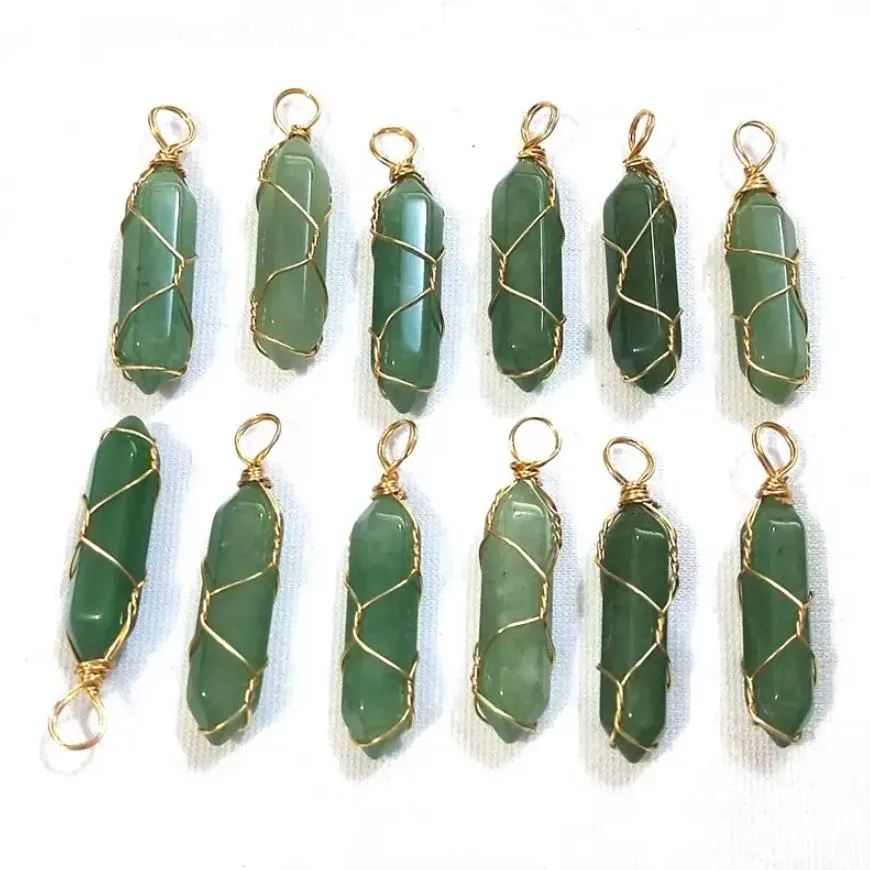 gold wire wrap natural stone charms green pillar bullet shape point chakra pendants for jewelry making wholesale handmade hjewelry