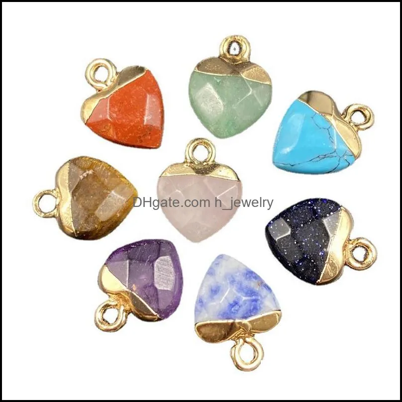 gold plating heart shape natural stone charms agate crystal turquoises jades opal stones pendant for jewelry making earrings hjewelry