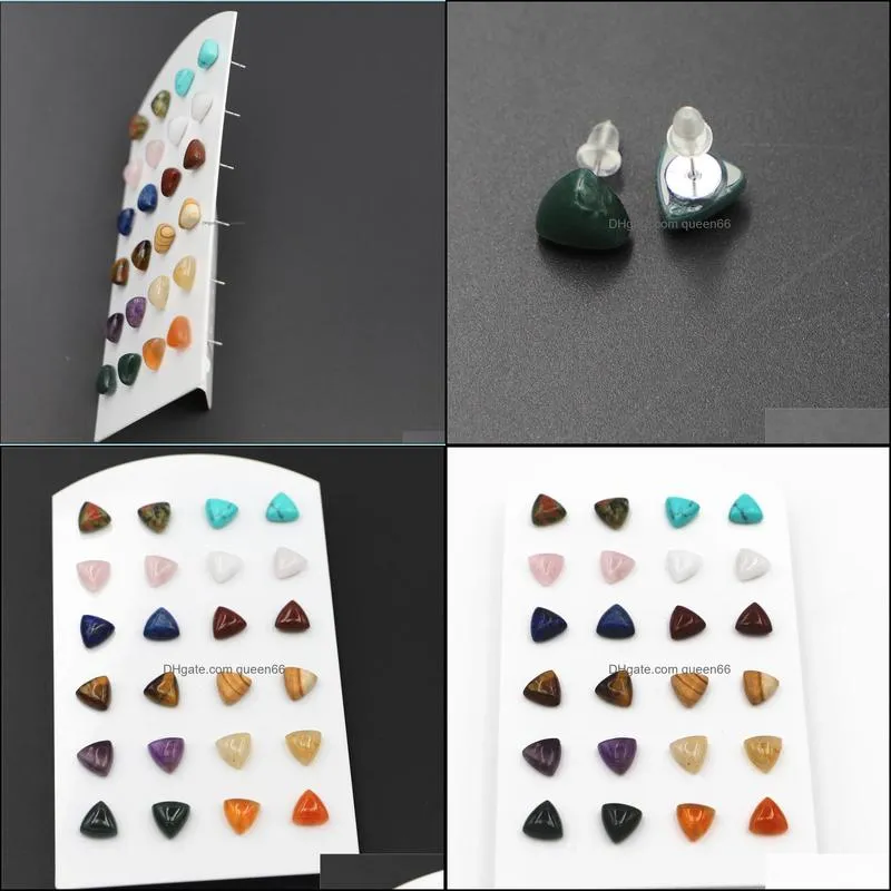  simple trendy geometric 10x10mm natural stone rose quartz stud earrings triangle mix color for women fashion cute small wholesale