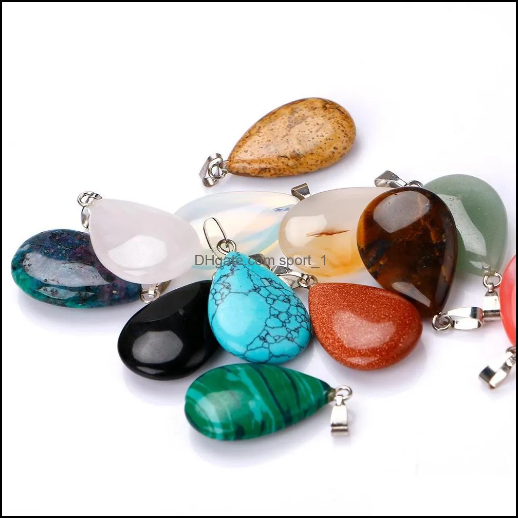 natural stone water drop pendant necklace opal tigers eye pink quartz crystal chakra reiki healing pendulum necklaces