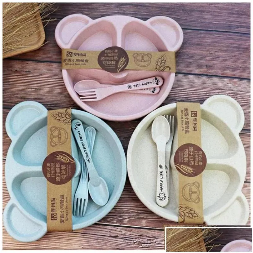 Cups Dishes Utensils Cartoon Baby Kids Tableware Set Wheat St Dinnerware Feeding Food Plate Bowl With Spoon Fork Ecofriendly 824 Dhelb