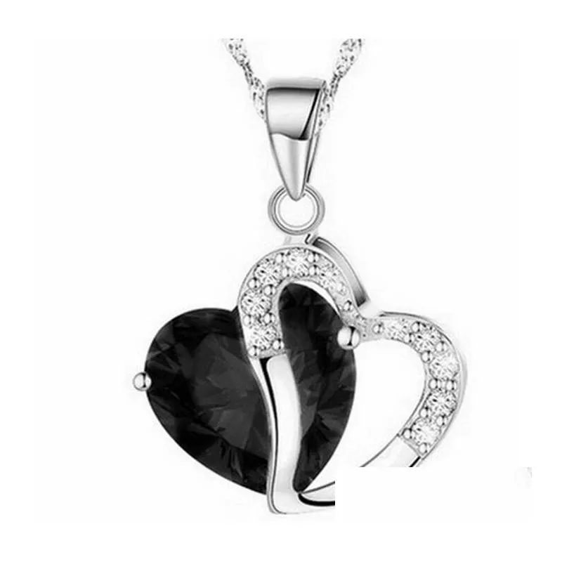 fashion heart crystal rhinestone silver chain pendant necklace jewelry 10 color length 17.7