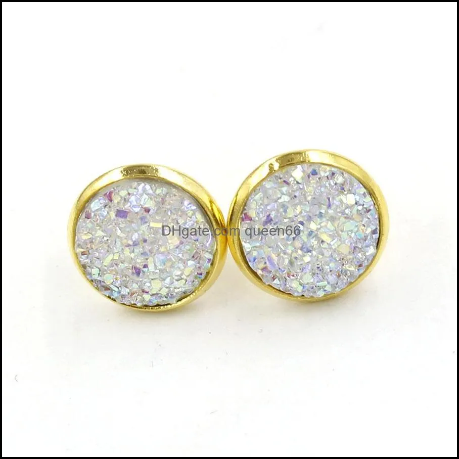 fashion 12colors round 12mm resin druzy drusy earrings gold color handmade stud for women jewelry