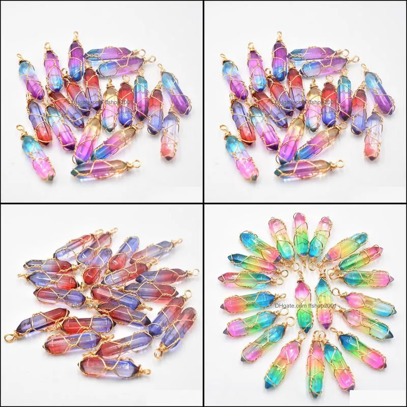 gold wire glass crystal colorful charms hexagonal healing reiki point pendants for jewelry making ffshop2001