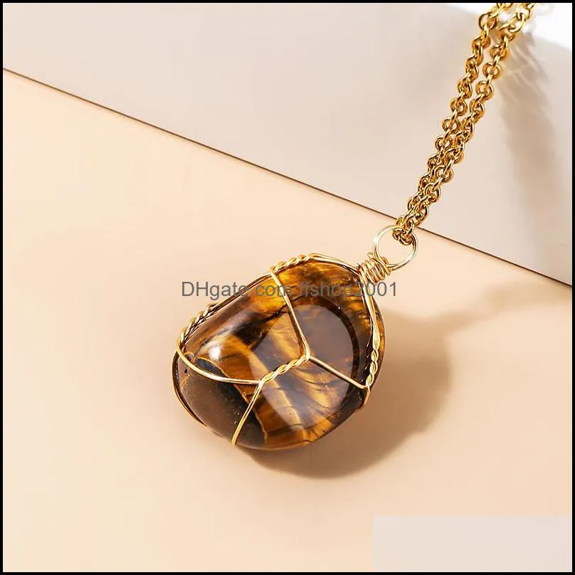 irregular round natural stone pendant necklace amethyst lapis rose quartz crystal gold wrap wire necklaces healing for women men