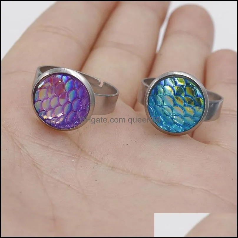 fashion resin fish scale druzy drusy ring stainless steel 12mm mermaid scale open ring for women jewelry