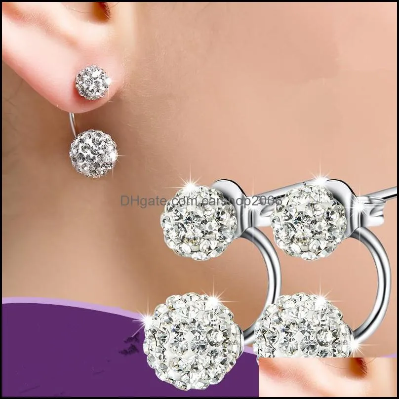 925 silver double sided earrings for women crystal disco ball stud earrings korean girl jewelry allergy