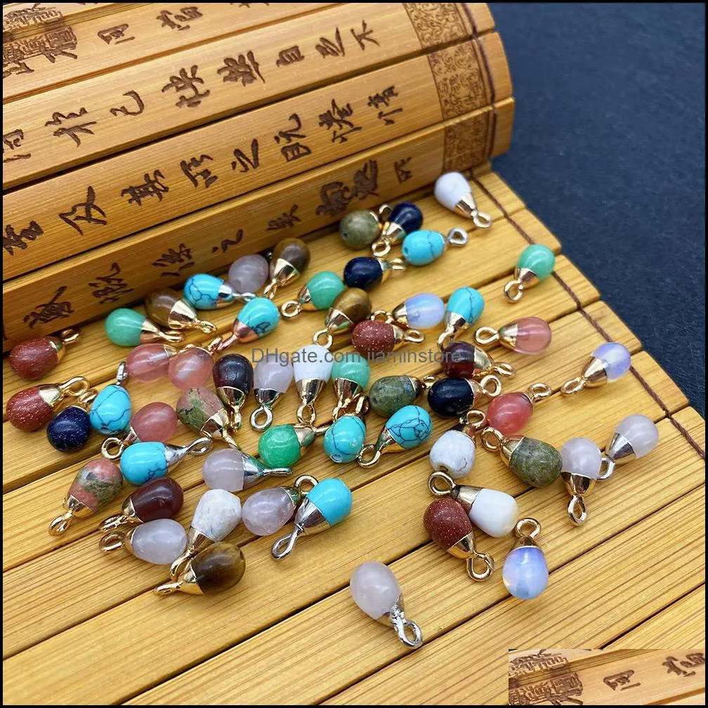 6x13mm natural crystal stone charms teardrop drop green rose quartz pendants gold edge trendy for necklace earrings jewelr jiaminstore