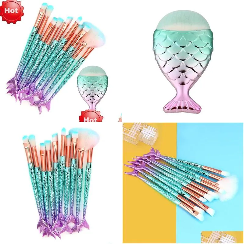 11pcs mermaid makeup brushes foundation eyebrow eyeliner blush cosmetic concealer pinceis de maquiagem brochas para maquillaje