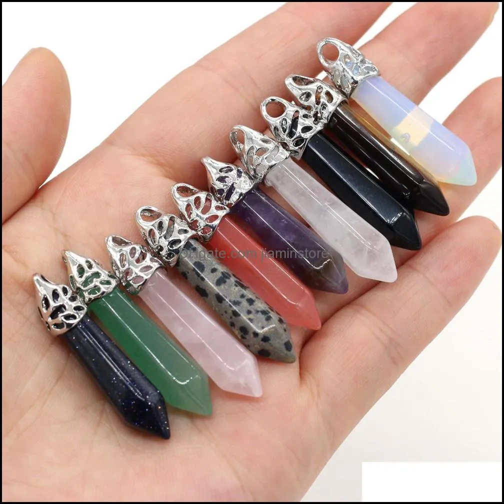 natural stone charms hexagon prism cone pendulum pendant rose quartz healing reiki crystal finding for diy necklaces women jiaminstore