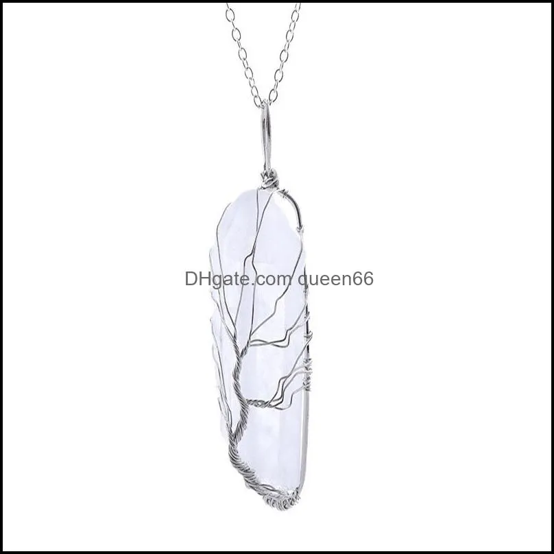vintage irregular natural stone crystal pendant necklace women men wire wrap tree of life pendants pendulum gems rainbow jewelry