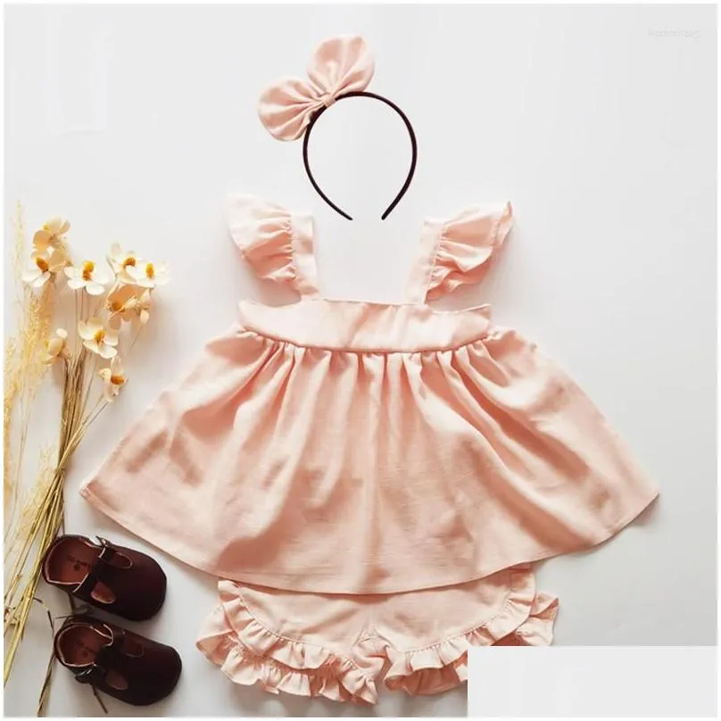 clothing sets summer 05yrs korean style baby girl set cotton linen solid color sleeve tshirt shorts kids clothes suit