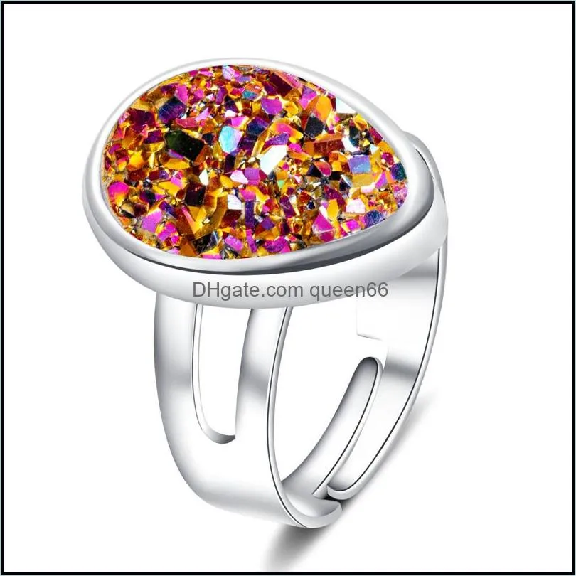 fashion druzy drusy ring silver plated 6colors water drop geometry resin stone ring for women jewelry