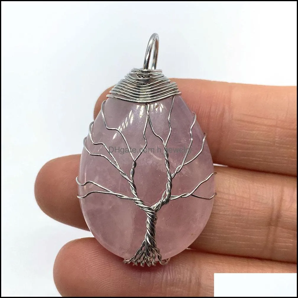 tree wire wrap natural crystal stones charms waterdrop tiger eye black onyx rose quartz stone charm beads pendants for jewelr hjewelry