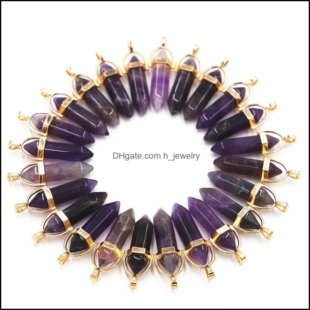 natural gems stone charms amethyst crystal pillar point gold pendants necklace charms for making women jewelry hjewelry