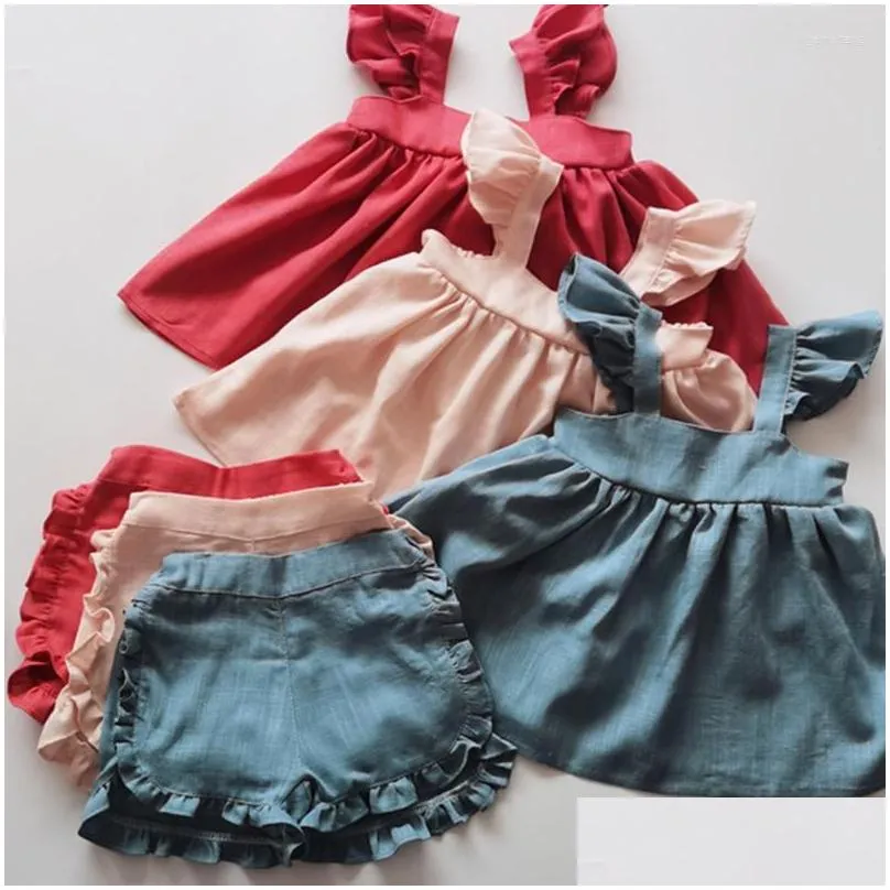 clothing sets summer 05yrs korean style baby girl set cotton linen solid color sleeve tshirt shorts kids clothes suit