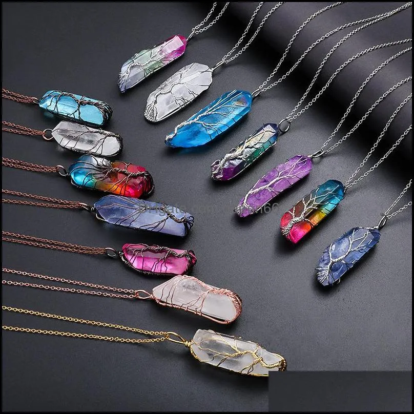 vintage irregular natural stone crystal pendant necklace women men wire wrap tree of life pendants pendulum gems rainbow jewelry