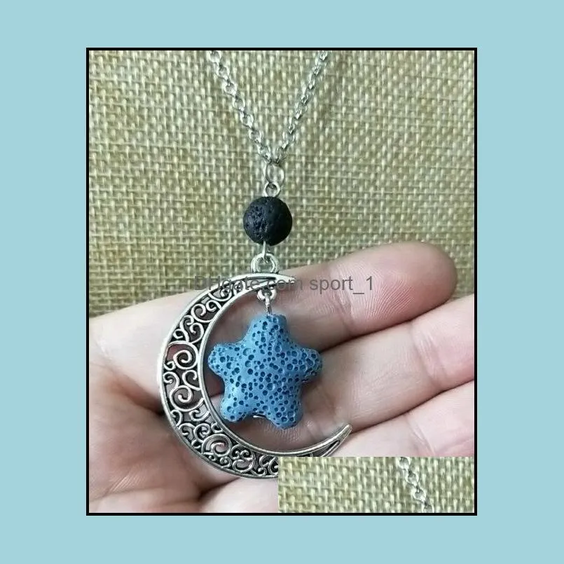 fashion silver color starfish lava stone moon necklace volcanic rock aromatherapy  oil diffuser necklace for women jewelry