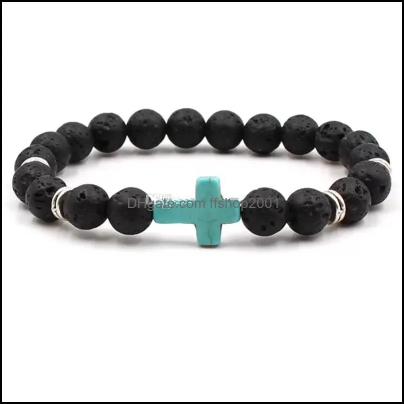 natural black lava stone cross elastic strand bracelet aromatherapy essential oil diffuser bangle fo men jewelry ffshop2001