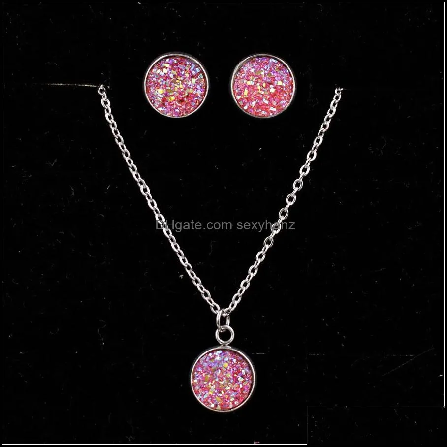 fashion druzy drusy necklace earrings 12mm stainless steel round resin druzy necklace earrings jewelry set