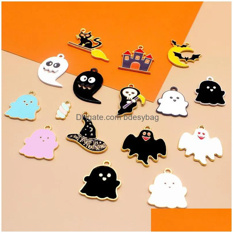 charms halloween alloy drip oil diy jewelry accessories ghost festival skull bat haunted house magic hat pendantcharms